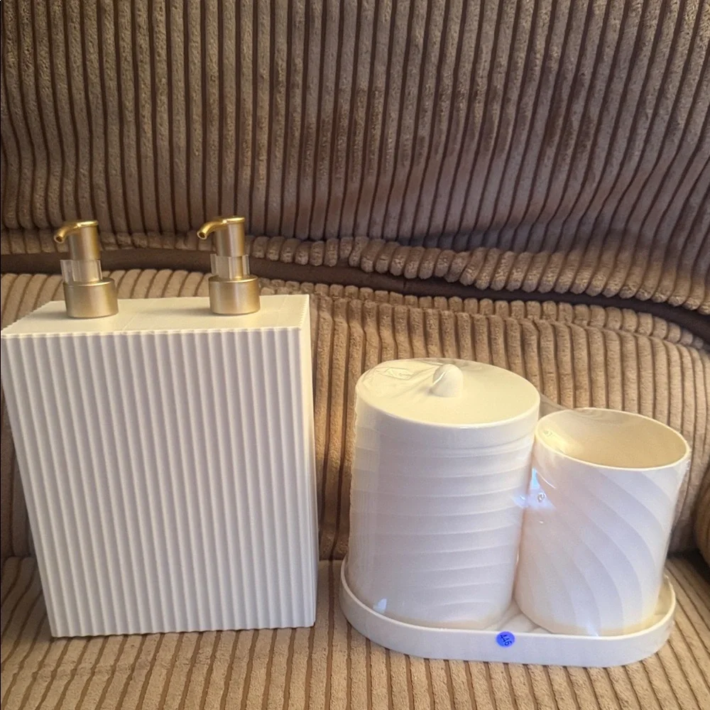 Target White Ceramic Ribbed Bath Accessory Set with Gold Pumps